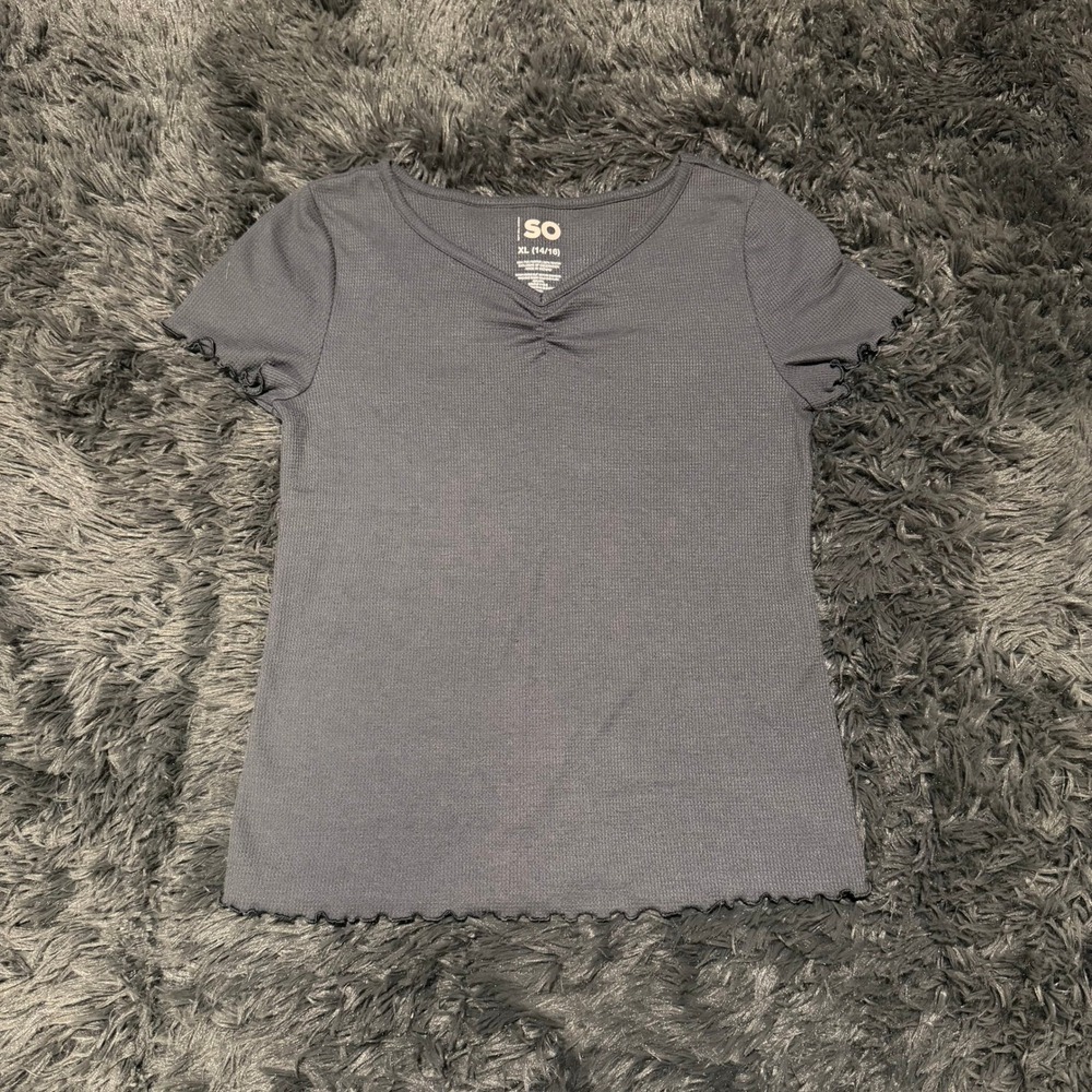 SO Girls XL 14/16 Gray Waffle Knit V-Neck Short Sleeve Lettuce Trim Top